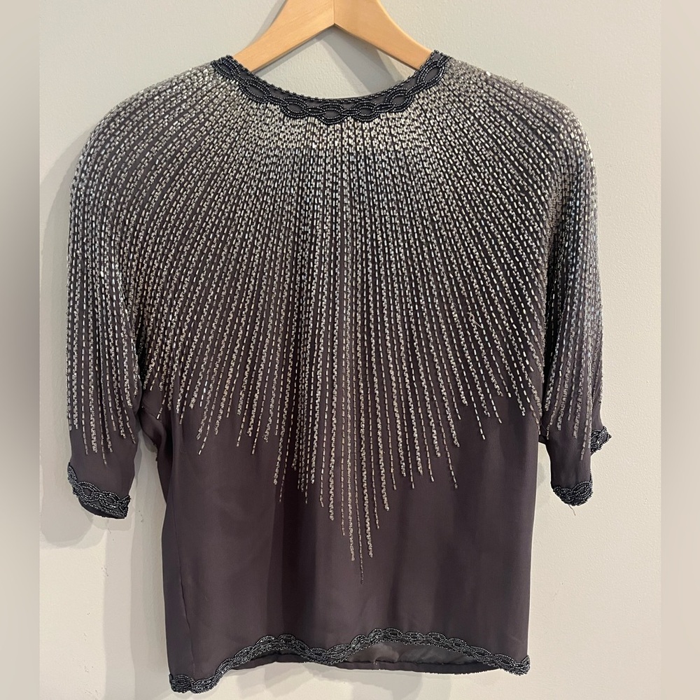 Oleg Cassini Beaded Gray Blouse Vintage 80s Size S/M
